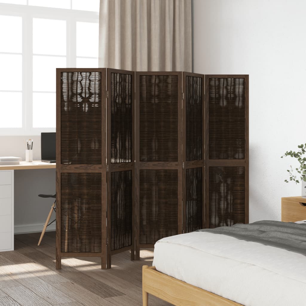 Room Divider 5 Panels Dark Brown Solid Wood Paulownia